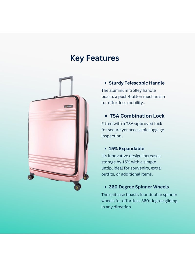 National Geographic Lodge Travel Suitcase Set, 100% PC Durable Lightweight Hard Shell Expandable Luggage, 4 Double Wheel, TSA Lock 3pcs Trolley Bag Rose Gold (20+24+28 Inch).