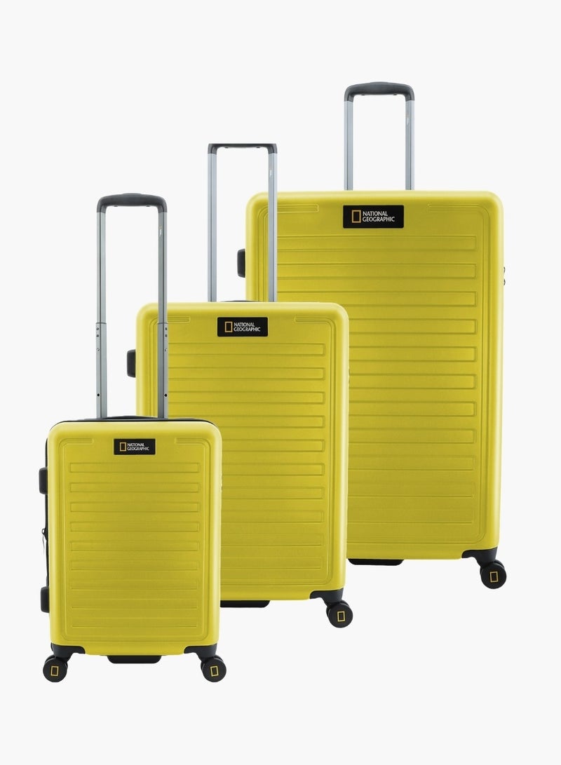 National Geographic Cruise 100% PC Hardshell Suitcase Set, Durable Lightweight  TSA Combination Lock Travel Luggage, 4 Quite Spinner Wheel, 3pcs Trolley Bag (20+24+28 Inch) Yellow.