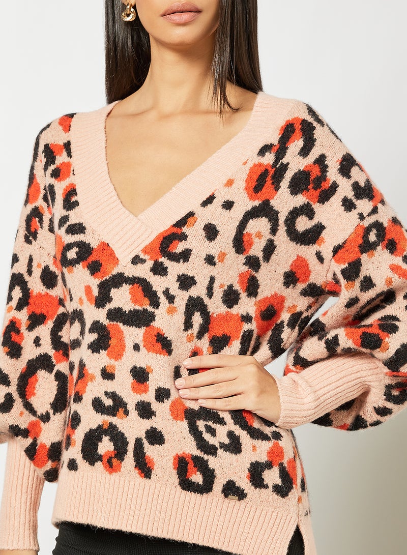 Animal Print V Neck Sweater Dusty Pink