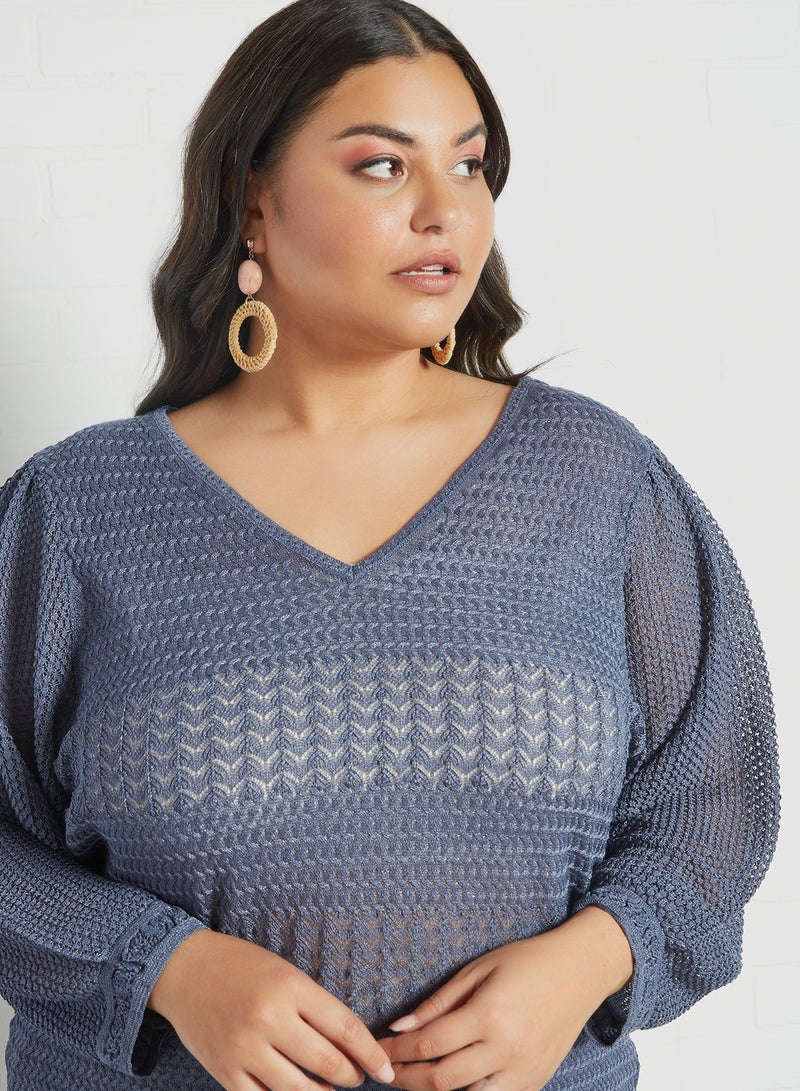 Plus Size Puff Sleeve Sweater Blue