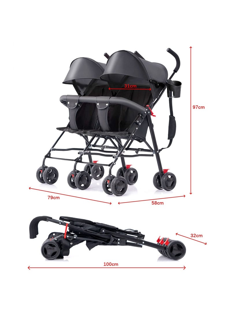 Twin Double Stroller Pushchairs, Side By Side Lightweight Reclining and Folding Double Buggy, Compact Closure, Rain Cover and Extendable Canopy,for Twins and Siblings, From Birth To 24 Months