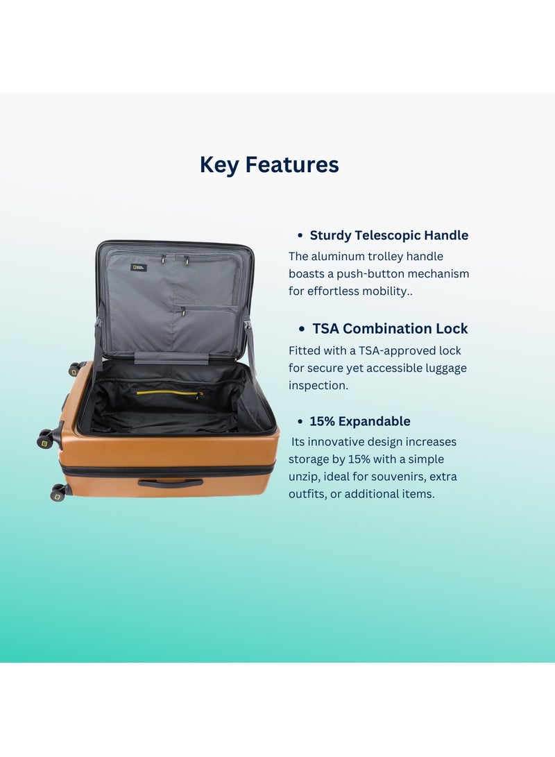 National Geographic Lodge Travel Suitcase Set, 100% PC Durable Lightweight Hard Shell Expandable Luggage, 4 Double Wheel, TSA Lock 3pcs Trolley Bag Copper (20+24+28 Inch).