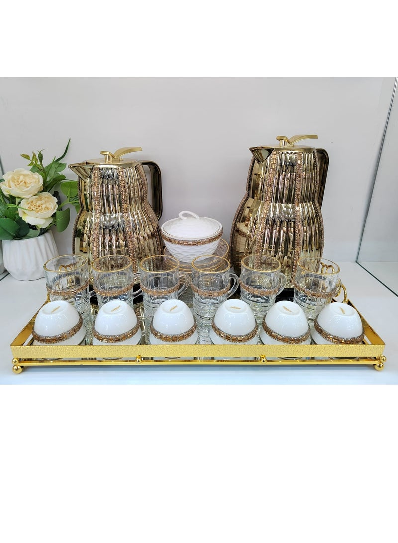 Indulge In Luxury With The Arabic Style Thermose Gold Set Complete With 6Tea Cup 6 Soucer 6Cawa Cup 1Tray And 1Sugar Bowl For Elegant Tea Or Coffee Enjoyment