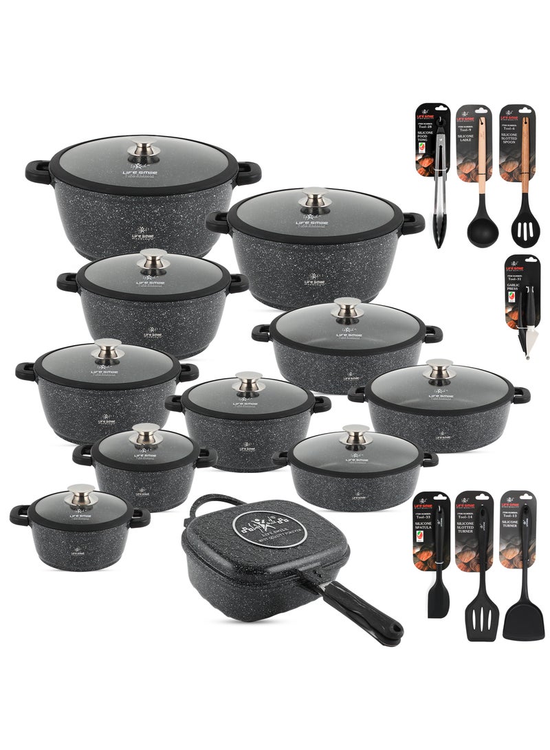 Cookware Set - 49 Pieces Pots and Pans set Granite Non Stick Coating 100% PFOA FREE, Induction Base Cooking Set with Removable Silicone Handles - Oven Safe (Black)