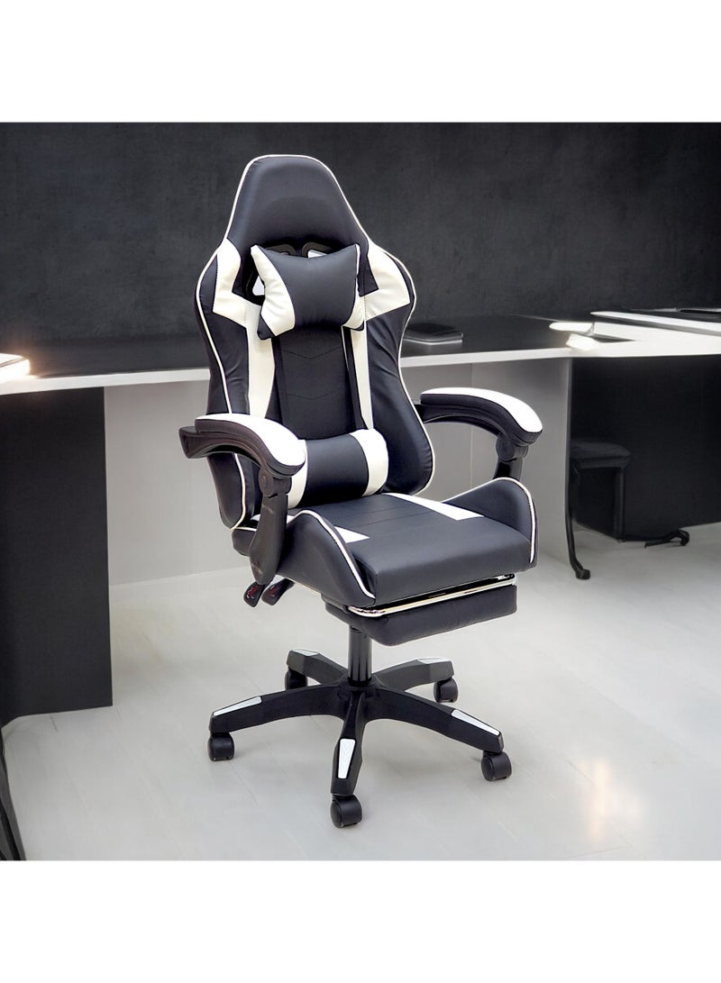 SBF High Back Gaming Chair with Footrest - Premium Leather, Padded Armrests, Adjustable Height, Headrest Cushion & Reclining Backrest, Swivel Office Computer Chair, White Black