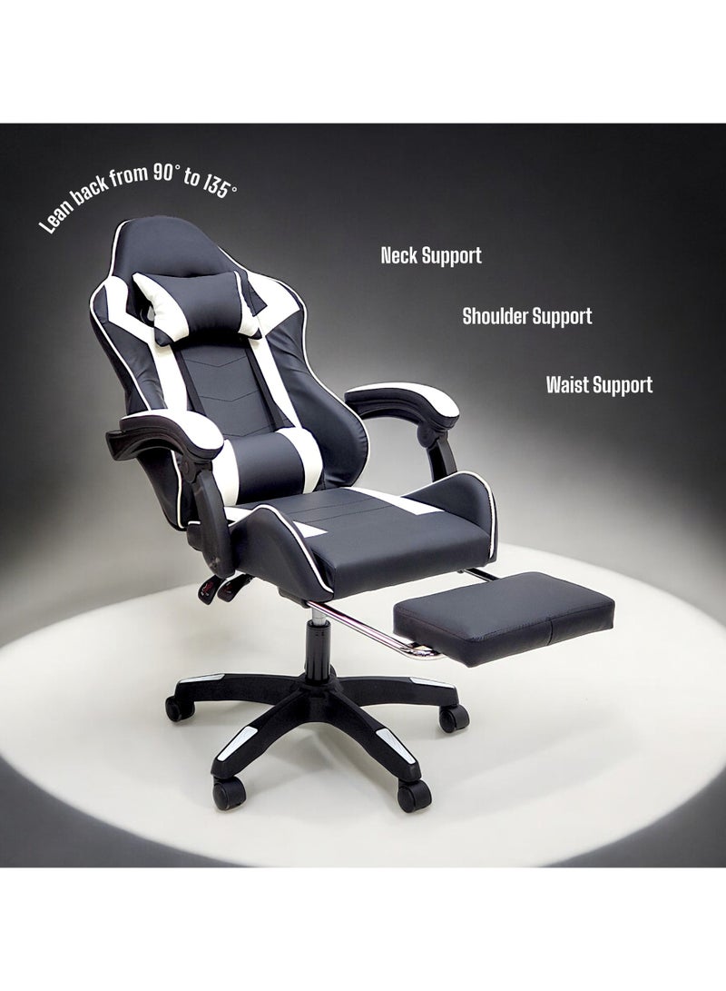 SBF High Back Gaming Chair with Footrest - Premium Leather, Padded Armrests, Adjustable Height, Headrest Cushion & Reclining Backrest, Swivel Office Computer Chair, White Black