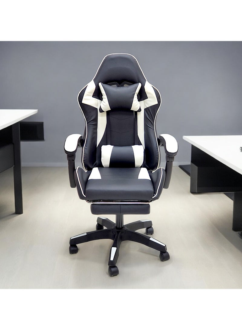 SBF High Back Gaming Chair with Footrest - Premium Leather, Padded Armrests, Adjustable Height, Headrest Cushion & Reclining Backrest, Swivel Office Computer Chair, White Black