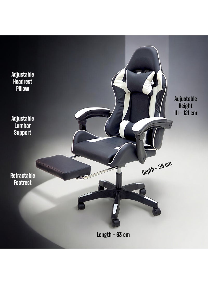 SBF High Back Gaming Chair with Footrest - Premium Leather, Padded Armrests, Adjustable Height, Headrest Cushion & Reclining Backrest, Swivel Office Computer Chair, White Black