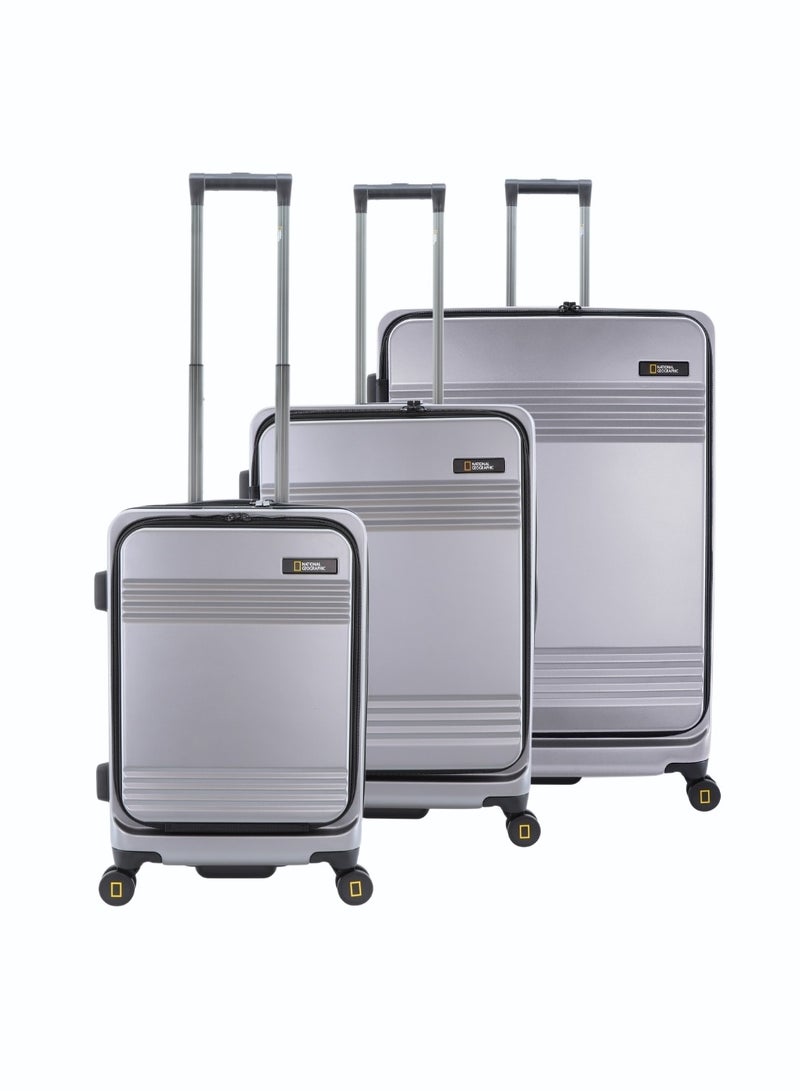 National Geographic Lodge Travel Suitcase Set, 100% PC Durable Lightweight Hard Shell Expandable Luggage, 4 Double Wheel, TSA Lock 3pcs Trolley Bag Silver (20+24+28 Inch).