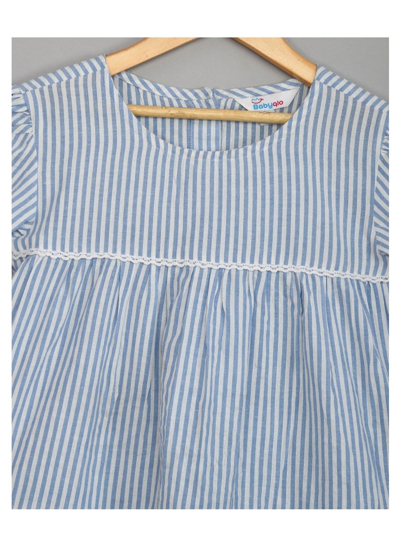 Pure cotton sky blue stripe knee length dress with short sleeve for girls