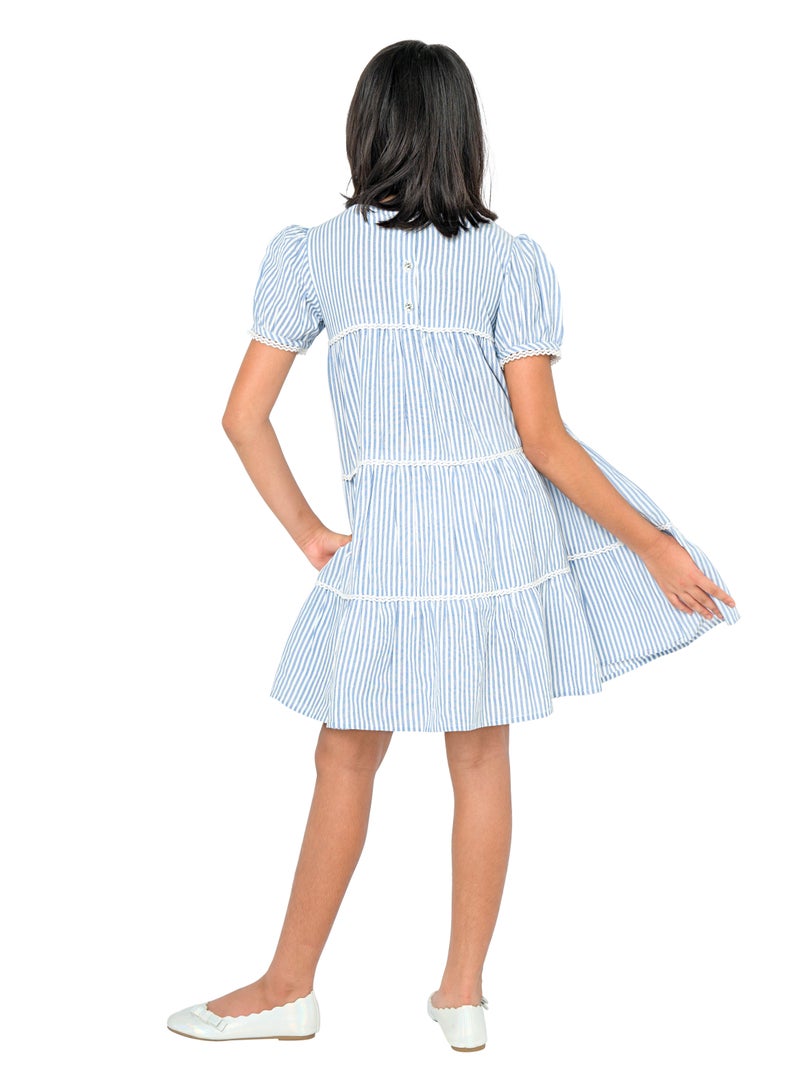 Pure cotton sky blue stripe knee length dress with short sleeve for girls