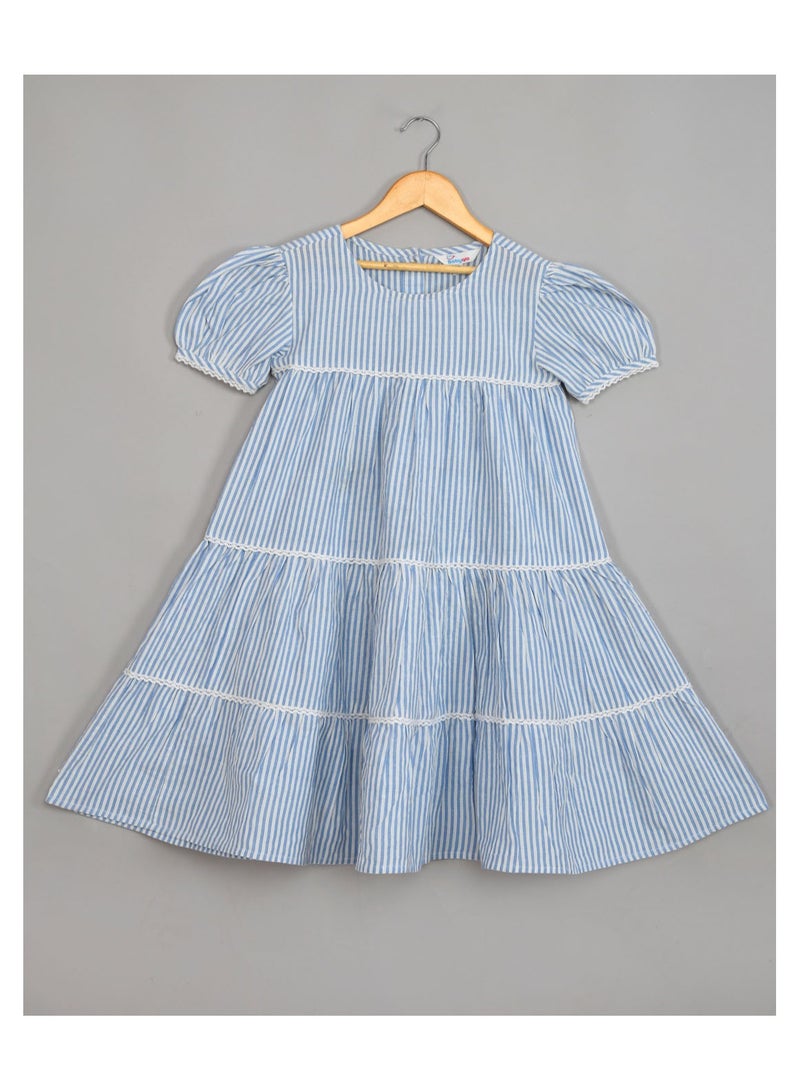 Pure cotton sky blue stripe knee length dress with short sleeve for girls