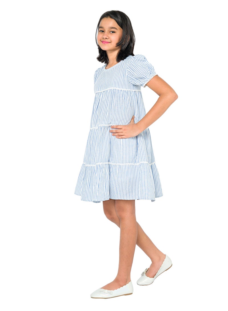 Pure cotton sky blue stripe knee length dress with short sleeve for girls