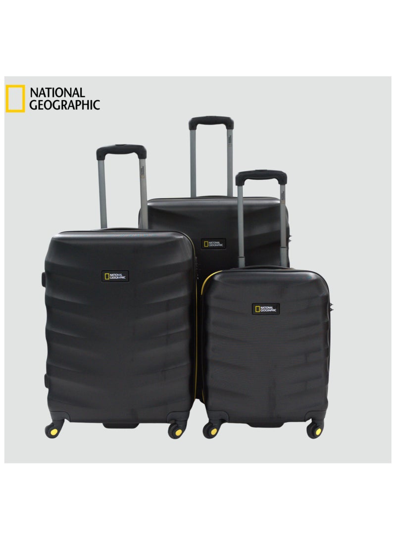 National Geographic Arete ABS Hard Case Suitcase Set Black, Durable Lightweight Travel Luggage, 4 Wheel 3pcs Trolley Bag with TSA Combination Lock (20+24+28 Inch).