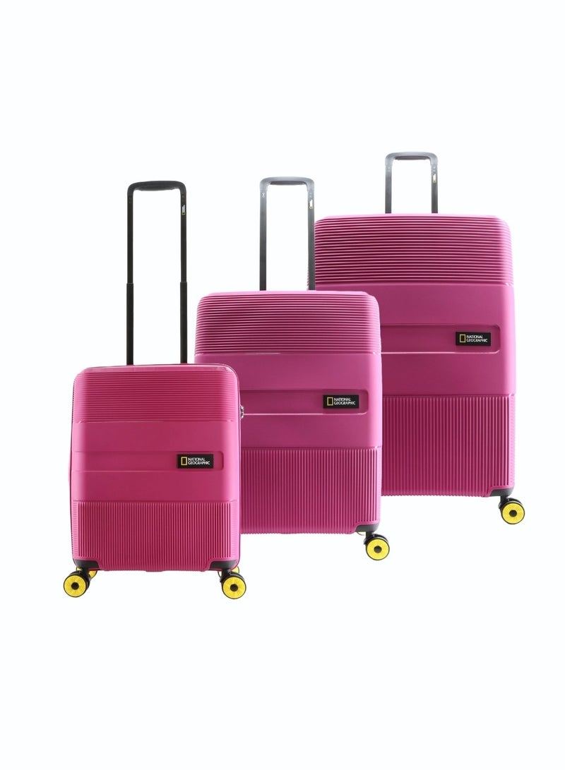 National Geographic Cavern PP Hardside Luggage Set Fuchsia Pink, Durable/ Unbreakable/ Lightweight/ Anit-theft Zipper/ 4 Double Wheel TSA Lock 3pcs Suitcase Trolley Bag (20+24+28 Inch).