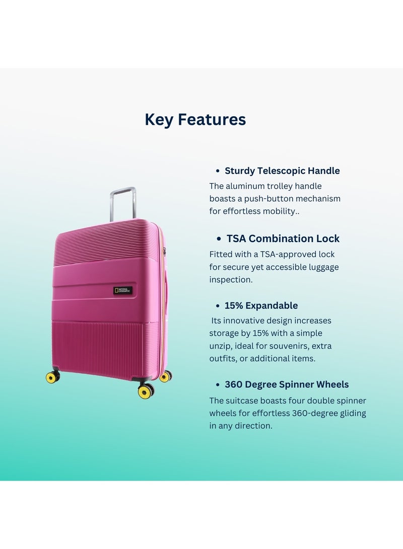 National Geographic Cavern PP Hardside Luggage Set Fuchsia Pink, Durable/ Unbreakable/ Lightweight/ Anit-theft Zipper/ 4 Double Wheel TSA Lock 3pcs Suitcase Trolley Bag (20+24+28 Inch).