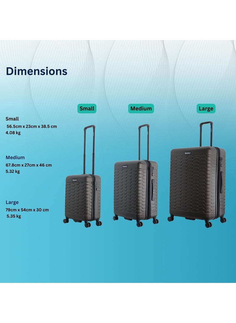 Discovery Reptile ABS Hardshell Luggage Set Black, Durable Lightweight Expandable Suitcase, 4 Double Wheel With TSA Lock 3pcs Trolley Bag (20+24+28 Inch).