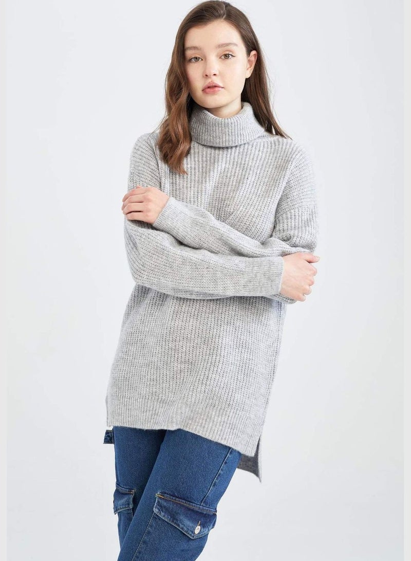 Woman Oversize Fit Turtle Neck Long Sleeve Tricot Tunic