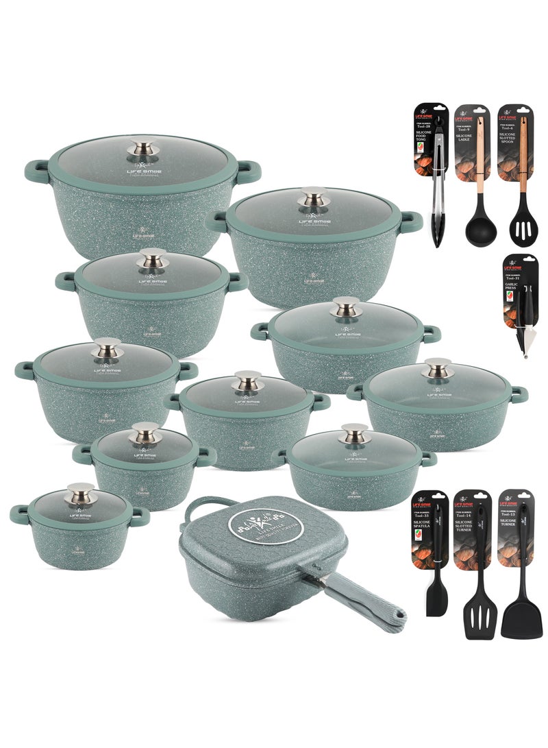 Cookware Set - 49 Pieces Pots and Pans set Granite Non Stick Coating 100% PFOA FREE, Induction Base Cooking Set with Removable Silicone Handles - Oven Safe (Green)