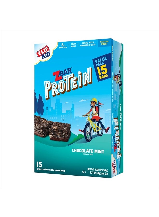 CLIF Kid Zbar Protein - Chocolate Mint - Crispy Whole Grain Snack Bars - Made with Organic Oats - Non-GMO - 5g Protein - 1.27 oz. (15 Pack)