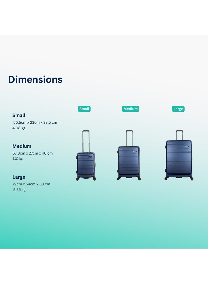 Discovery Patrol Hardside Travel Suitcase Set, 100% PC Durable Ultra Lightweight Hard Case Expandable Luggage, 4 Double Wheel, TSA Lock 3pcs Trolley Bag Metallic Blue (20+24+28 Inch).