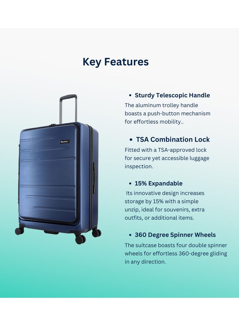 Discovery Patrol Hardside Travel Suitcase Set, 100% PC Durable Ultra Lightweight Hard Case Expandable Luggage, 4 Double Wheel, TSA Lock 3pcs Trolley Bag Metallic Blue (20+24+28 Inch).