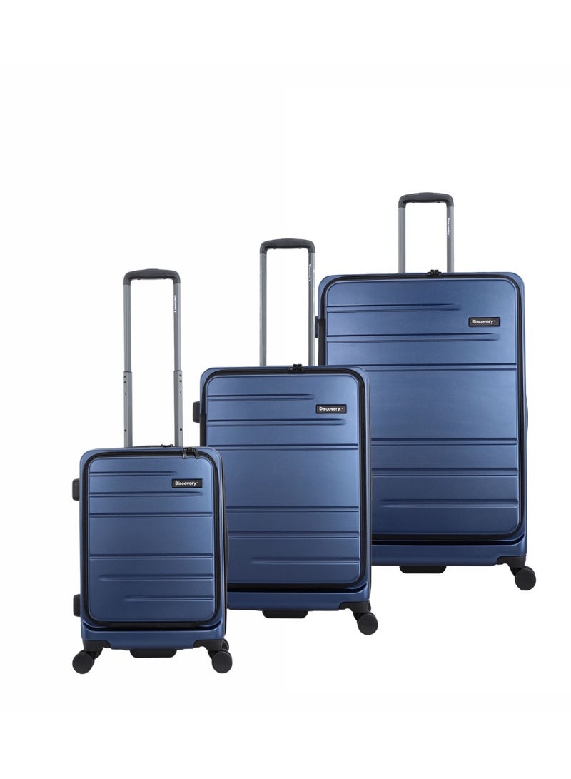 Discovery Patrol Hardside Travel Suitcase Set, 100% PC Durable Ultra Lightweight Hard Case Expandable Luggage, 4 Double Wheel, TSA Lock 3pcs Trolley Bag Metallic Blue (20+24+28 Inch).