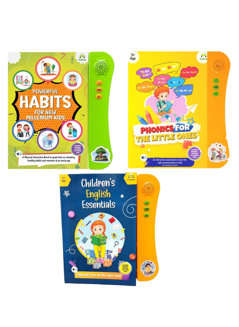 Pack of 3 Musical Interactive Children Sound Books: Phonics, English Essentials and Habits|Ideal Gift for Toddler|E Learning Book|Smart Intelligent Activity Books|Nursery Rhymes|Talking Book