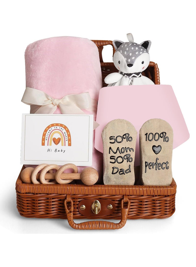 Baby Gift Basket, Newborn Gift Set with Baby Blanket Baby Rattle, Newborn Baby Gift Set, Newborn Baby Gifts, Medium Baby Gift Basket Kit for Expecting Moms(PINK)