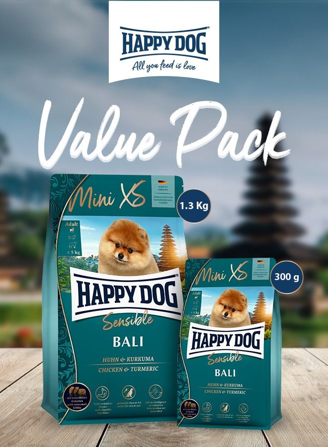 Super Premium Mini XS Bali Gluten free with highly digestible chicken meat and turmeric ideal for mini breed dogs, helps reduce pet waste odor and perfect for skin and coat with extra small kibbles