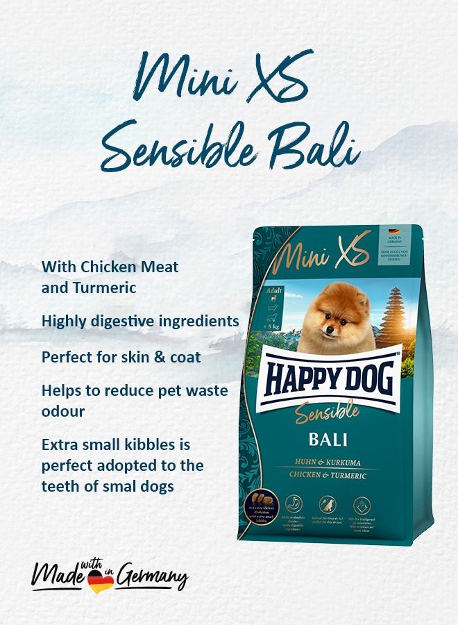 Super Premium Mini XS Bali Gluten free with highly digestible chicken meat and turmeric ideal for mini breed dogs, helps reduce pet waste odor and perfect for skin and coat with extra small kibbles