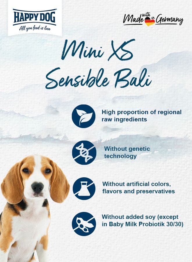 Super Premium Mini XS Bali Gluten free with highly digestible chicken meat and turmeric ideal for mini breed dogs, helps reduce pet waste odor and perfect for skin and coat with extra small kibbles