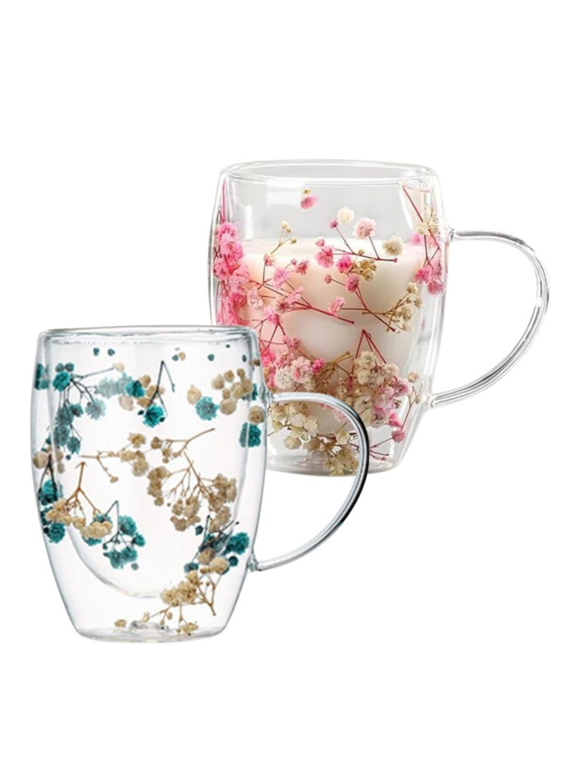 Borosilicate Double Wall Flower Coffee Cup Pink and Blue 350 ML (2 PCS Set)