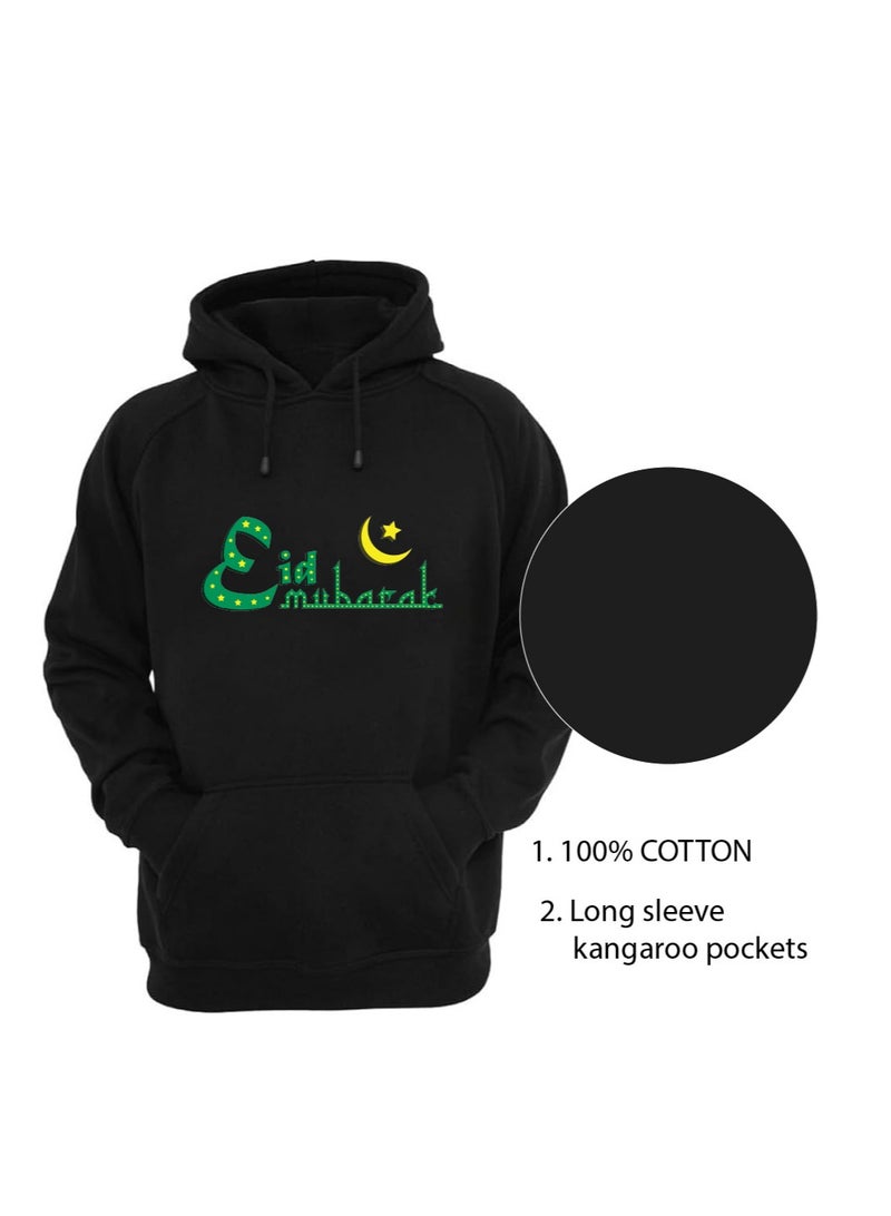 Eid Mubarak Hoodie for Both Men and Women - Soft Cotton Pullover - Long Sleeve with Drawstring and Kangaroo Pockets - Perfect for Travel - Celebrate Eid in Style