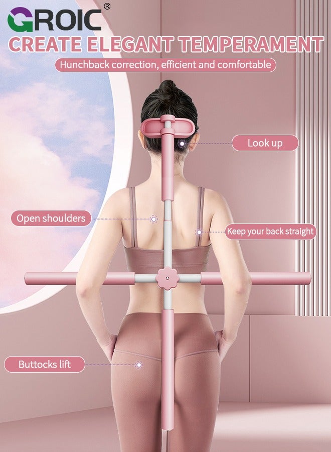 Yoga Sticks Posture Corrector, Back Straightener Posture Corrector with Head Rest and Retractable, Back Brace Scoliosis and Hunchback Correction, Yoga Stick Stretching Tool for Adult and Child - Pink