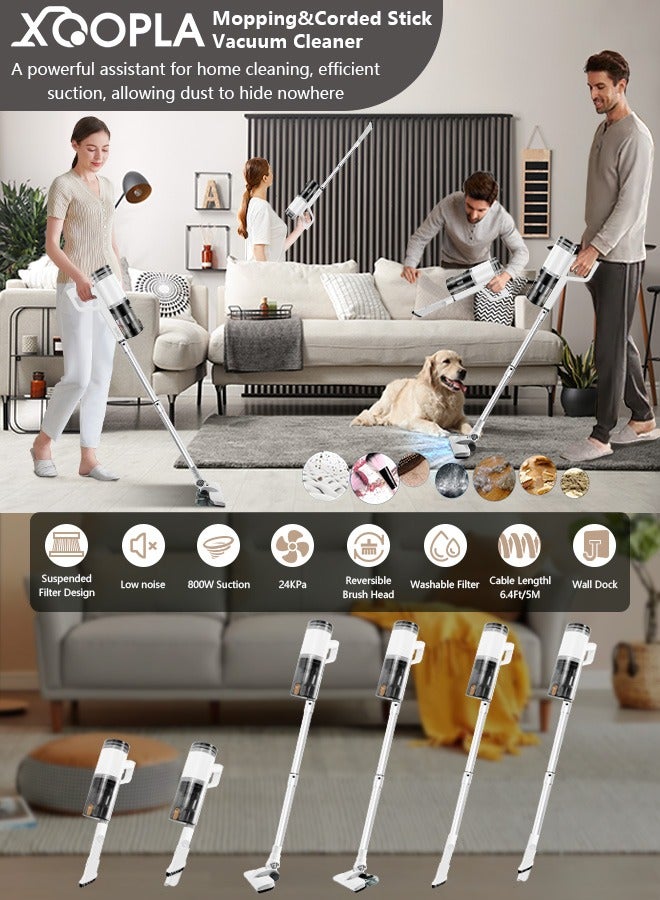 2 in 1 Wet and Dry Cord Vacuum Cleaner with Water Tank and Mop, 800W Motor Power，24000PA Suction 5M Corded Stick Vacuum Cleaner for Hard Floor/Carpet/Pet Hair（with Wall bracket hook)