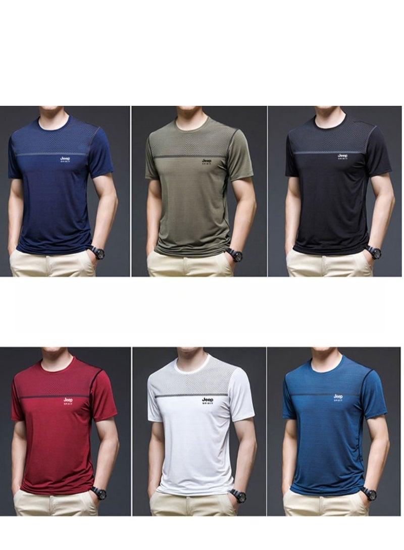 Men's Ice Silk Short Sleeved T-shirt Round Neck Pullover Sweatshirt Simple Running Top