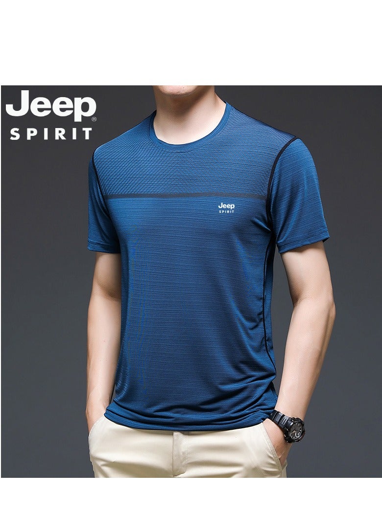 Men's Ice Silk Short Sleeved T-shirt Round Neck Pullover Sweatshirt Simple Running Top