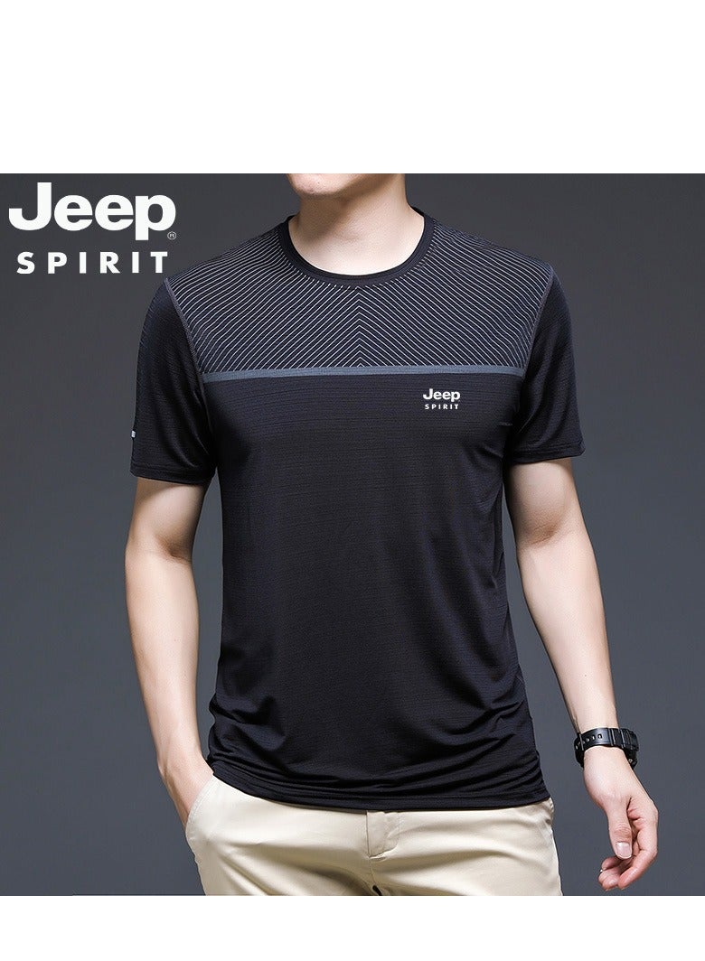 Men's Ice Silk Short Sleeved T-shirt Round Neck Pullover Sweatshirt Simple Running Top