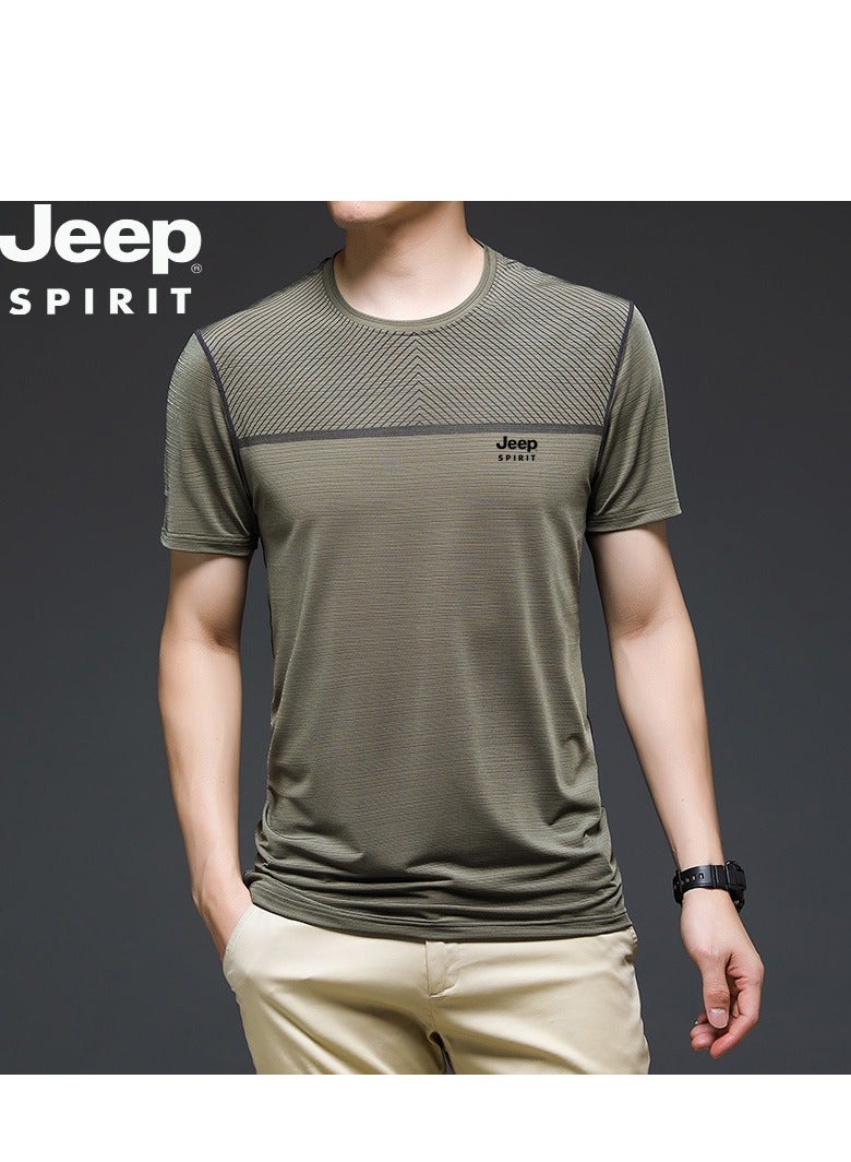 Men's Ice Silk Short Sleeved T-shirt Round Neck Pullover Sweatshirt Simple Running Top