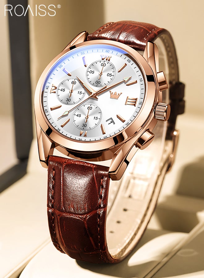 Men's Leather Strap Chronograph Quartz Watch Round White Dial with Rose Gold Bezel Waterproof Luminous Wristwatch as Gift for Men