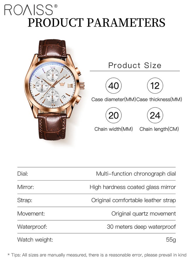 Men's Leather Strap Chronograph Quartz Watch Round White Dial with Rose Gold Bezel Waterproof Luminous Wristwatch as Gift for Men