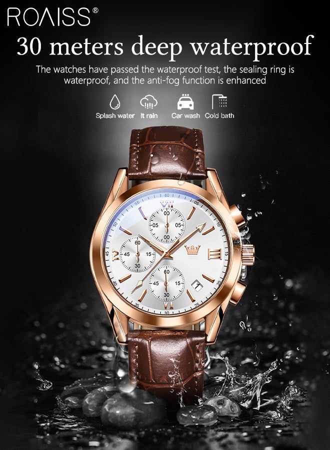 Men's Leather Strap Chronograph Quartz Watch Round White Dial with Rose Gold Bezel Waterproof Luminous Wristwatch as Gift for Men