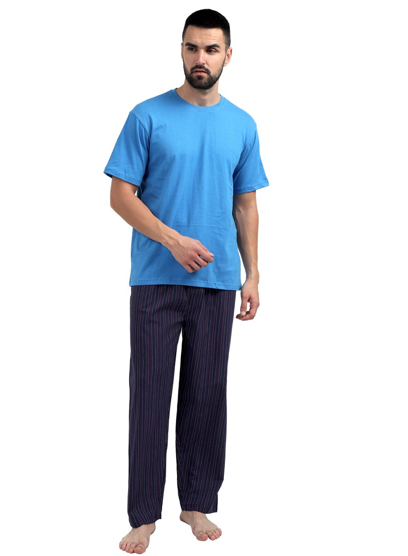 Men's Cotton Pyjama Sets with Round Neck T-shirt and long pants - Blue