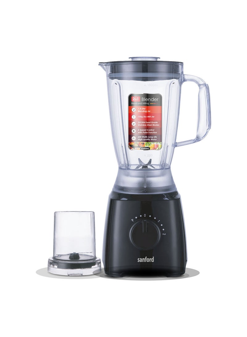 2 IN 1 Dry & Mix Blender with 1.8L Plastic Jar and 150g Grinding  Jar,  Stainless Steel Blades, 2 Speed Modes, Safety Jar Lock 1.8 L 600 W SF6808BR Multicolour