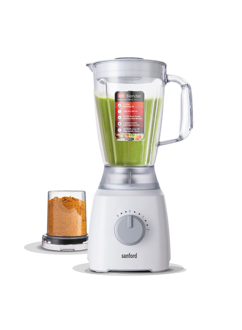 2 IN 1 Dry & Mix Blender with 1.8L Plastic Jar and 150g Grinding  Jar,  Stainless Steel Blades, 2 Speed Modes, Safety Jar Lock 1.8 L 600 W SF6808BR Multicolour