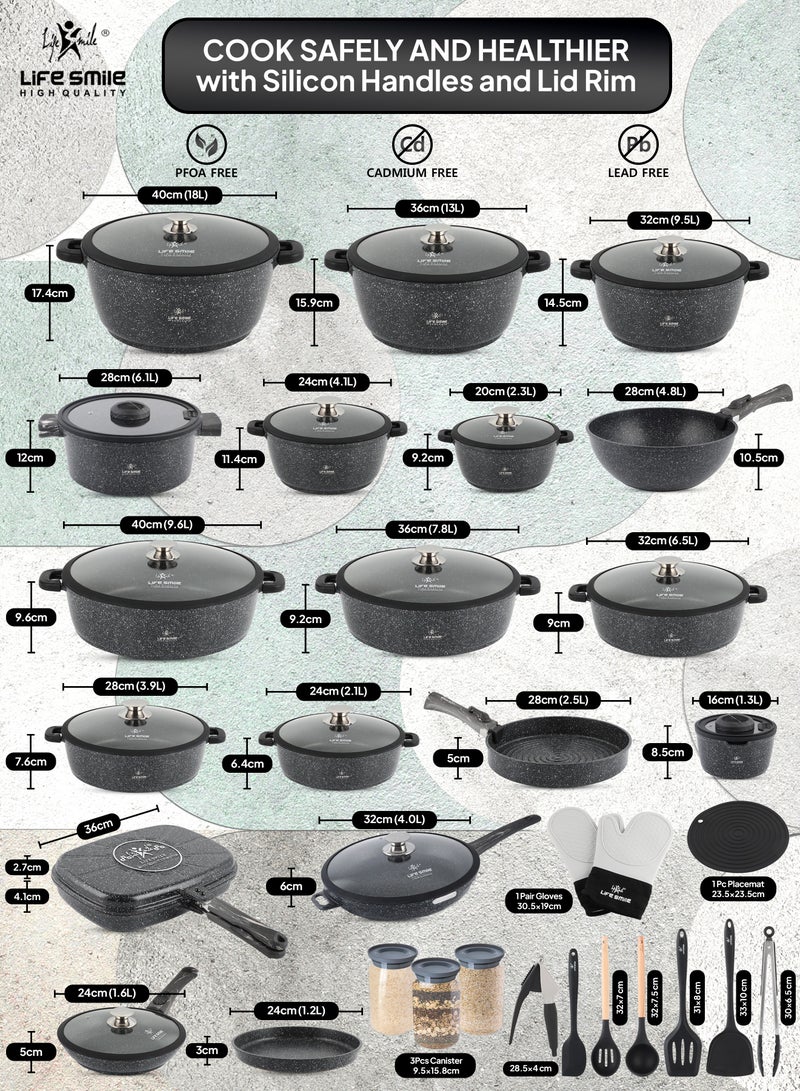 Cookware Set - 68 pieces Pots and Pans Complete set Granite Non Stick Coating 100% PFOA FREE, Induction Base Cooking Set with Removable Silicone Handles - Oven Safe (Black)