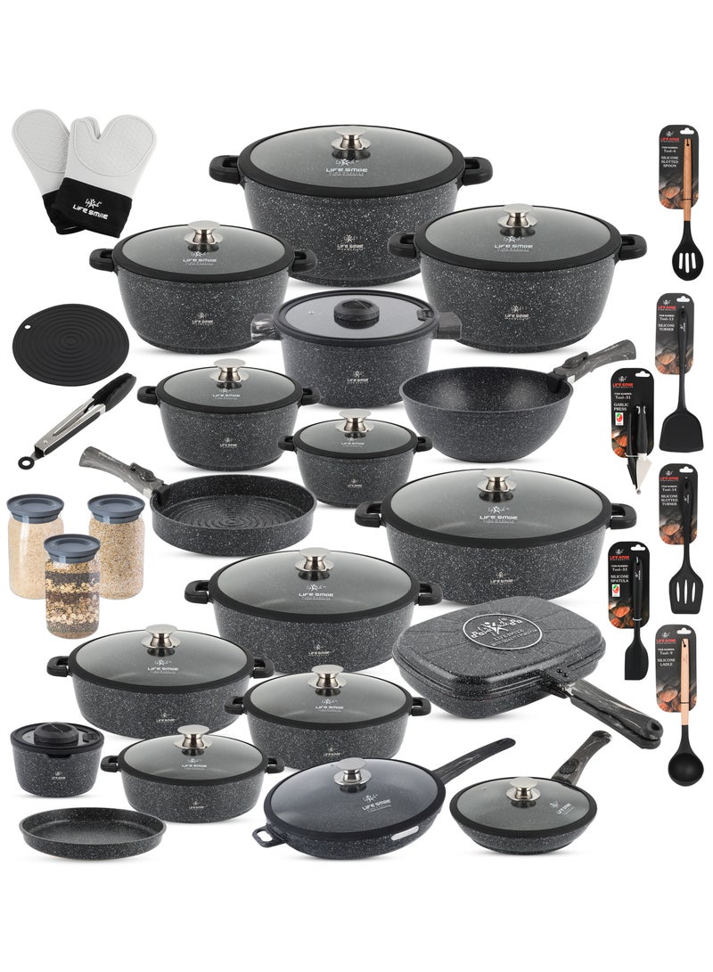 Cookware Set - 68 pieces Pots and Pans Complete set Granite Non Stick Coating 100% PFOA FREE, Induction Base Cooking Set with Removable Silicone Handles - Oven Safe (Black)