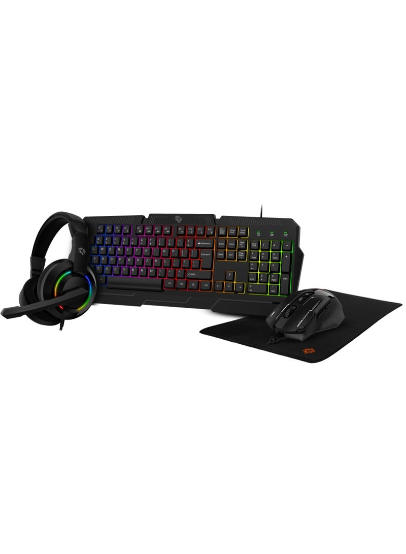 4 in 1 Gaming Kit with Keyboard / Head phone / Mouse and Mouse Pad / Windows and Linux Compatibility / 13 RGB Light Mode - Black