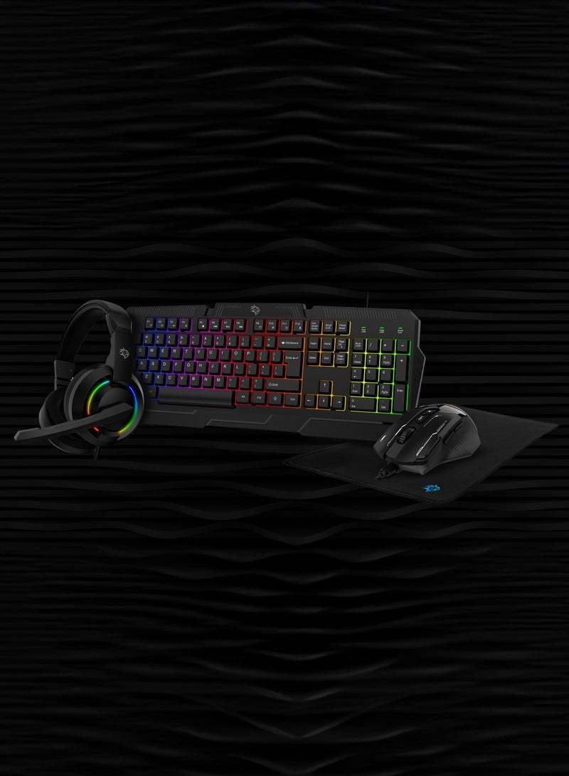 4 in 1 Gaming Kit with Keyboard / Head phone / Mouse and Mouse Pad / Windows and Linux Compatibility / 13 RGB Light Mode - Black